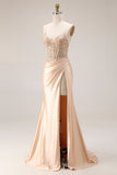 Champagne Beaded Mermaid Corset Long Satin Prom Dress with Slit