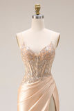 Champagne Beaded Mermaid Corset Long Satin Prom Dress with Slit