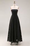 Black Strapless A Line Long Evening Dress with Lace