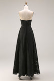 Black Strapless A Line Long Evening Dress with Lace