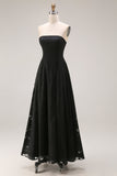 Black Strapless A Line Long Evening Dress with Lace
