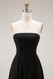 Black Strapless A Line Long Evening Dress with Lace