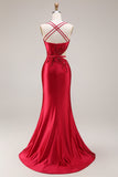 Red Appliqued Mermaid Cut Out Satin Long Prom Dress with Slit