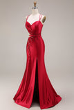 Red Appliqued Mermaid Cut Out Satin Long Prom Dress with Slit