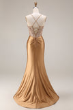 Sparkly Gold Halter Mirror Sequin Mermaid Corset Satin Long Prom Dress with Slit
