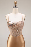 Sparkly Gold Halter Mirror Sequin Mermaid Corset Satin Long Prom Dress with Slit
