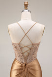 Sparkly Gold Halter Mirror Sequin Mermaid Corset Satin Long Prom Dress with Slit