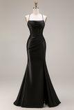 Black Mermaid Satin Spaghetti Straps Long Evening Dress with Slit