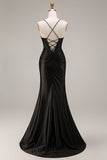 Black Mermaid Satin Spaghetti Straps Long Evening Dress with Slit