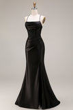 Black Mermaid Satin Spaghetti Straps Long Evening Dress with Slit