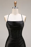 Black Mermaid Satin Spaghetti Straps Long Evening Dress with Slit