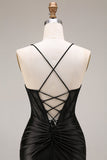 Black Mermaid Satin Spaghetti Straps Long Evening Dress with Slit