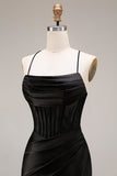 Black Mermaid Satin Spaghetti Straps Long Evening Dress with Slit