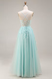 Mint Appliqued A Line Corset Spaghetti Straps Long Tulle Prom Dress with Slit