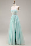 Mint Appliqued A Line Corset Spaghetti Straps Long Tulle Prom Dress with Slit