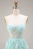 Mint Appliqued A Line Corset Spaghetti Straps Long Tulle Prom Dress with Slit