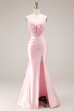 Pink Basque Waist Appliqued Mermaid Satin Long Prom Dress with Slit