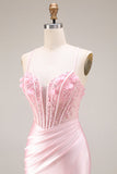 Pink Basque Waist Appliqued Mermaid Satin Long Prom Dress with Slit
