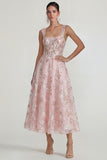 Sparkly Pink A Line Square Neck Corset Midi Dress