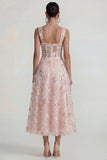 Sparkly Pink A Line Square Neck Corset Midi Dress