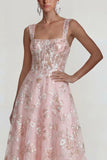 Sparkly Pink A Line Square Neck Corset Midi Dress