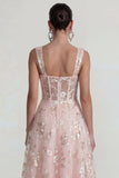 Sparkly Pink A Line Square Neck Corset Midi Dress