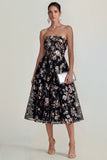 Strapless Pink Flower A Line Midi Dress