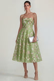 Strapless Pink Flower A Line Midi Dress