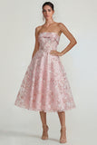 Strapless Pink Flower A Line Midi Dress