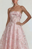Strapless Pink Flower A Line Midi Dress