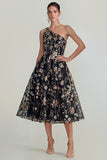 One Shoulder Pink Flower A Line Appliqued Midi Dress