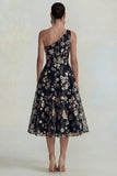 One Shoulder Pink Flower A Line Appliqued Midi Dress
