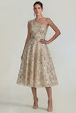 One Shoulder Pink Flower A Line Appliqued Midi Dress