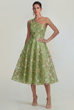 One Shoulder Pink Flower A Line Appliqued Midi Dress