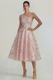 One Shoulder Pink Flower A Line Appliqued Midi Dress