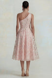 One Shoulder Pink Flower A Line Appliqued Midi Dress