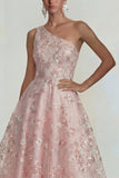 One Shoulder Pink Flower A Line Appliqued Midi Dress
