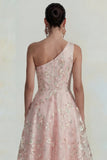 One Shoulder Pink Flower A Line Appliqued Midi Dress