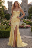 Yellow Mermaid Spaghetti Straps Long Prom Dresses with Embroidery