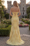 Yellow Mermaid Spaghetti Straps Long Prom Dresses with Embroidery