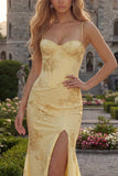 Yellow Mermaid Spaghetti Straps Long Prom Dresses with Embroidery