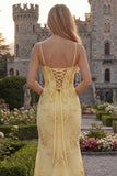 Yellow Mermaid Spaghetti Straps Long Prom Dresses with Embroidery