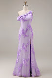 Yellow One Shoulder Sheath Embroidered Long Prom Dress
