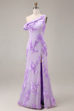 Yellow One Shoulder Sheath Embroidered Long Prom Dress