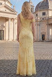 Yellow One Shoulder Sheath Embroidered Long Prom Dress