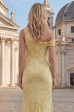 Yellow One Shoulder Sheath Embroidered Long Prom Dress
