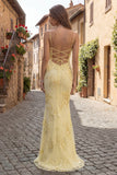 Yellow Mermaid Embroidered Lace Up Back Long Prom Dresses