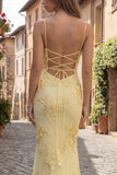 Yellow Mermaid Embroidered Lace Up Back Long Prom Dresses