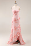Yellow Sheath Floral Embroidered Long Prom Dress with Ruffle Slit