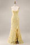 Yellow Sheath Floral Embroidered Long Prom Dress with Ruffle Slit